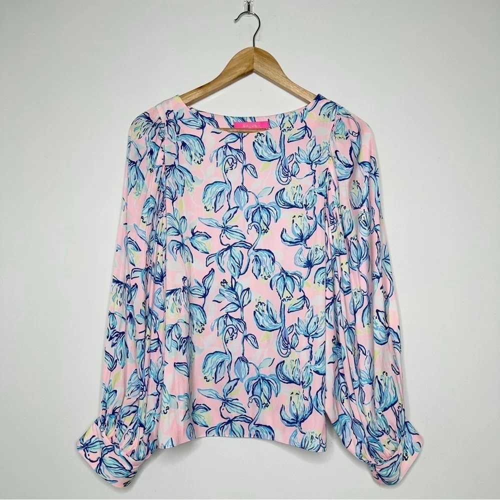 Lilly Pulitzer Maisel Blouse in Sweet Pea Pink Chasing The Sun Size Small